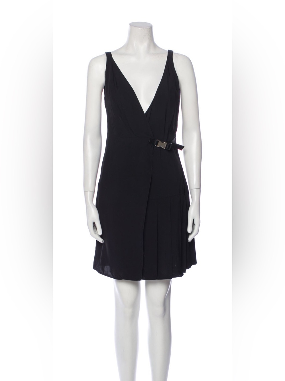 Prada Black Sleeveless V-Neck Wrap Mini Dress With Buckle